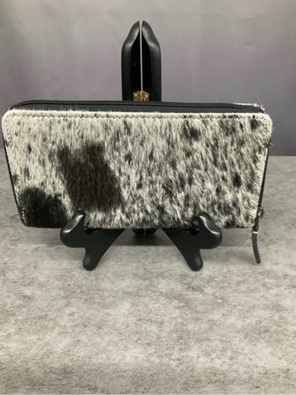 Cowhide Zip Around Wallet in Black and White